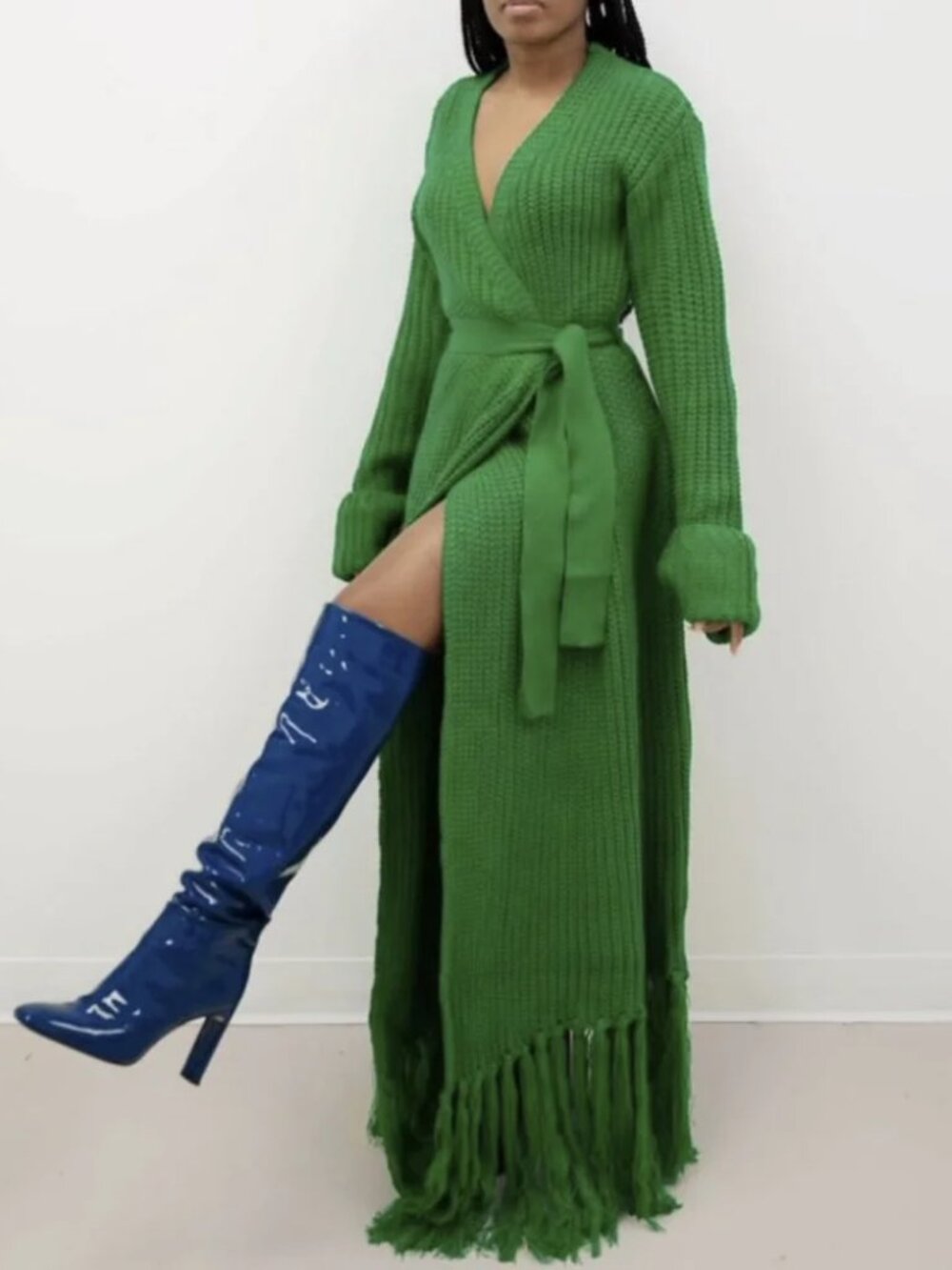 NWT Women Hanifa Green (Item- 11) Miya Knit Cardigan Fringed Maxi Dress L/XL